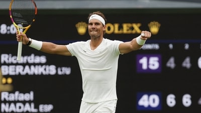 &nbsp;Rafael Nadal celebrates winning his second-round match against Lithuania's Ricardas Berankis (REUTERS)