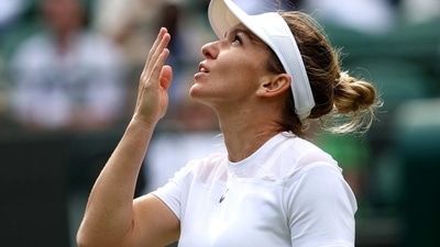 Romania's Simona Halep celebrates winning her first round match against Czech Republic's Karolina Muchova&nbsp; (REUTERS)