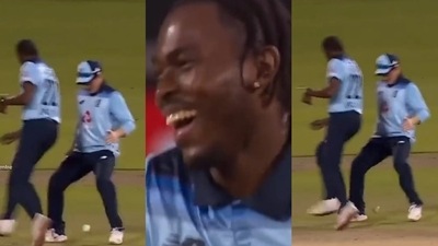 Jofra Archer does a nutmeg on Eoin Morgan (Screengrab) Jofra Archer does a nutmeg on Eoin Morgan (Screengrab)
