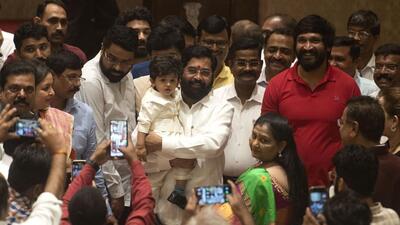 Eknath Shinde with his grandson Rudransh during the swearing-in at Raj Bhavan on Thursday. Satish Bate/HT Photo Eknath Shinde with his grandson Rudransh during the swearing-in at Raj Bhavan on Thursday. Satish Bate/HT Photo