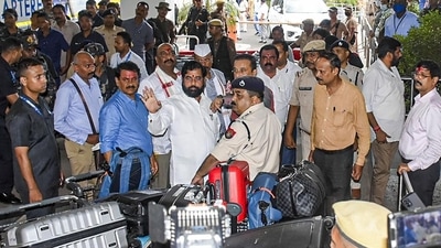 Rebel Shiv Sena leader Eknath Shinde with supporting MLAs arrives at Guwahati International Airport, Wednesday, June 29, 2022. (PTI) Rebel Shiv Sena leader Eknath Shinde with supporting MLAs arrives at Guwahati International Airport, Wednesday, June 29, 2022. (PTI)