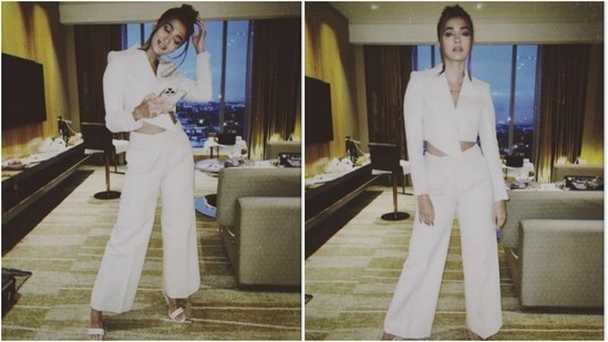 Pooja Hegde can pull off any look effortlessly and this picture in a white co-ord set is proof.(Instagram/@hegdepooja)