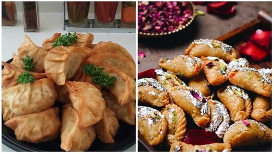 Yaki Mandu and Gujiyaa: Yaki Mandu are fried dumplings stuffed with meat or vegetables. Gujiyaa, on the other hand, are made with all-purpose flour and stuffed with khoya, dried fruits, and fried. (Instagram/@e_steli/@flavors_of_spoon)
