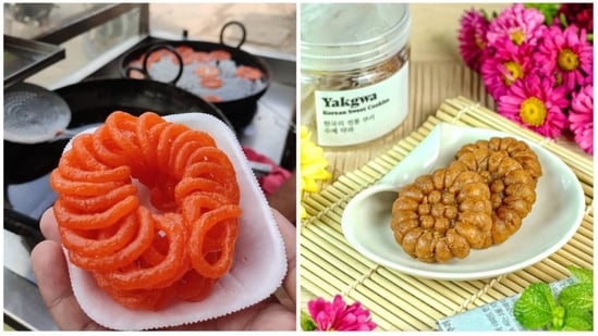 Yakgwa and Imarti: Yakgwa and Imarti are both sweets.  The first one is made of wheat flour, the second one is made using Vigna Mungo / Blackberry (Instagram / @ bhavanatea / @ travel_for_flavour)