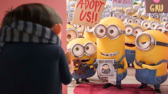This image released by Universal Pictures shows characters, from left, Gru, voiced by Steve Carell, Bob, Kevin and Stuart in a scene from "Minions: The Rise of Gru." (Illumination Entertainment/Universal Pictures via AP)(AP)