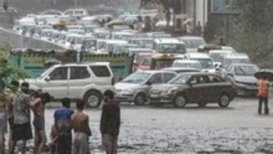 Vehicles stuck in a heavy traffic jam on a road amid monsoon rains, in New Delhi, Thursday, on June 30, 2022.&nbsp;(PTI photo)