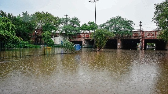 A view of the underpass partially submerged in logged rain water after heavy rain at Pul Prahladpur in New Delh, India, on Thursday, June 30, 2022. (Photo by Amal KS/Hindustan Times)