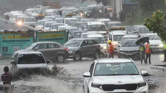 New Delhi: Waterlogging on a road amid monsoon rains, in New Delhi, Thursday, June 30, 2022.(PTI)