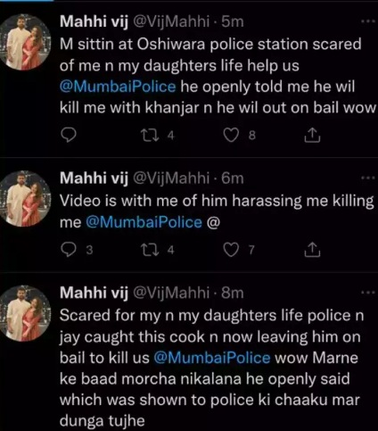 Mahhi Vij's now-deleted tweets about her ordeal.
