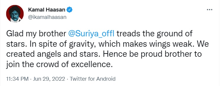 Kamal Haasan congratulates Suriya.