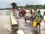 The Kosi river was flowing above the danger levels at Basua in Supal by one metre and 10 cms at Baltara in Khagaria. (HT Archives) The Kosi river was flowing above the danger levels at Basua in Supal by one metre and 10 cms at Baltara in Khagaria. (HT Archives)