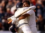 India's Rishabh Pant celebrates reaching his century with Ravindra Jadeja(Action Images via Reuters)