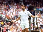 Serbia'a Novak Djokovic reacts during his second round match against Australia's Thanasi Kokkinakis