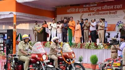 Uttar Prades chief minister Yogi Adityanath at the inauguration of fire stations in Lucknow on Friday. (ANI PHOTO)