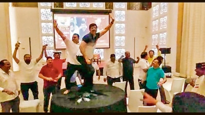 REbel MLAs dance in Goa on Thursday (PTI) REbel MLAs dance in Goa on Thursday (PTI)