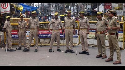 Heavy security in place in Atala area of Prayaraj for Friday prayers. (HT Photo)