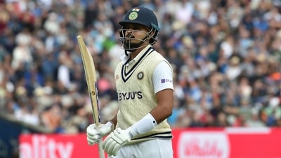 India's Shreyas Iyer leaves the field after being dismissed by England's James Anderson during the first day of the fifth cricket Test (AP)