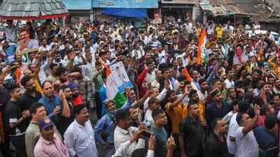 Congress workers during a protest against the Agnipath Scheme at Dharamshala. (HT Photo)