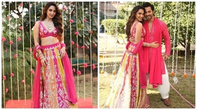 For this new look, Kiara slipped into a beauteous lehenga set by designer Sawan Gandhi's clothing label. She wore a fuchsia pink sleeveless choli and multi-coloured lehenga decked with intricate floral patterns. An embroidered zari dupatta, layered necklace, stacked pink bangles, and earrings rounded off the look. (Instagram) For this new look, Kiara slipped into a beauteous lehenga set by designer Sawan Gandhi's clothing label. She wore a fuchsia pink sleeveless choli and multi-coloured lehenga decked with intricate floral patterns. An embroidered zari dupatta, layered necklace, stacked pink bangles, and earrings rounded off the look. (Instagram)