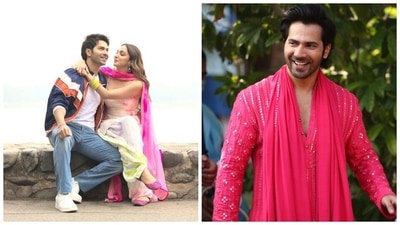 Eka Lakhani also posted details of Varun Dhawan's outfits for JugJugg Jeeyo. While the first photo shows him in a jumper jacket, white top, light blue denim jeans and sneakers, the second picture is of the star in a bright pink embellished kurta teamed with a matching dupatta and white dhoti pants. (Instagram) Eka Lakhani also posted details of Varun Dhawan's outfits for JugJugg Jeeyo. While the first photo shows him in a jumper jacket, white top, light blue denim jeans and sneakers, the second picture is of the star in a bright pink embellished kurta teamed with a matching dupatta and white dhoti pants. (Instagram)