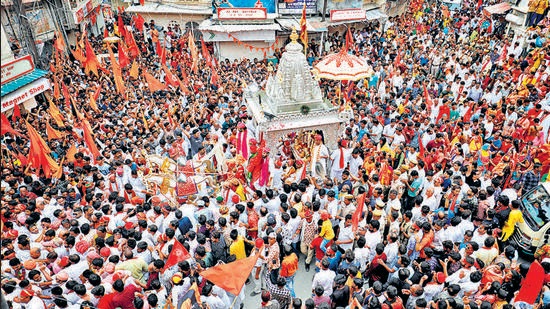 Hindu devotees pull the ‘Rath’, or the chariot of Lord Jagannath, during the annual Rath Yatra, in Udaipur on Friday. (Reuters)