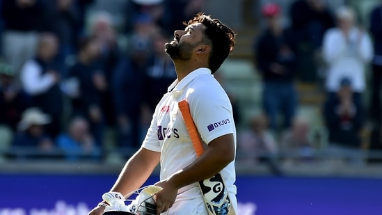 India's Rishabh Pant reacts as he leaves the field after losing his wicket during the first day of the fifth cricket Test (AP)