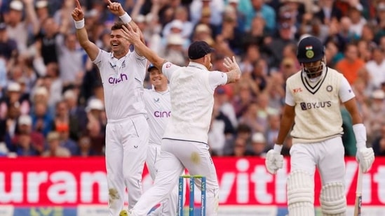 England's James Anderson celebrates after taking the wicket of India's Shreyas Iyer&nbsp;(Action Images via Reuters)