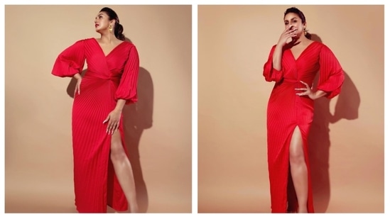 Huma Qureshi made heads turn in a bright red pleated wrap gown which she donned for an earlier event. The gown is by the clothing line Zwaan and is worth <span class='webrupee'>₹</span>22,450.(Instagram/@iamhumaq)