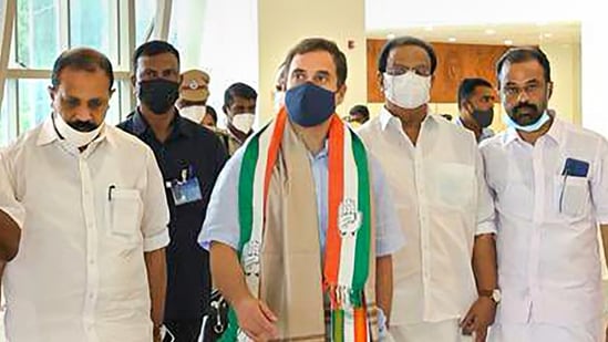 Congress leader Rahul Gandhi being received by party leaders upon his arrival at the Kannur International Airport, in Kannur, Friday.(PTI)