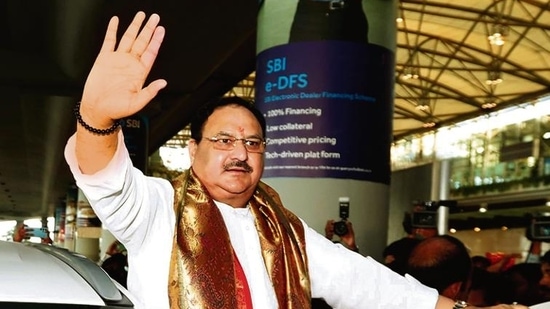 Bharatiya Janata Party (BJP) national president JP Nadda waves to supporters on his arrival at Rajiv Gandhi International Airport, in Hyderabad on Friday. (ANI Photo/Office of JP Nadda Twitter) Bharatiya Janata Party (BJP) national president JP Nadda waves to supporters on his arrival at Rajiv Gandhi International Airport, in Hyderabad on Friday. (ANI Photo/Office of JP Nadda Twitter)