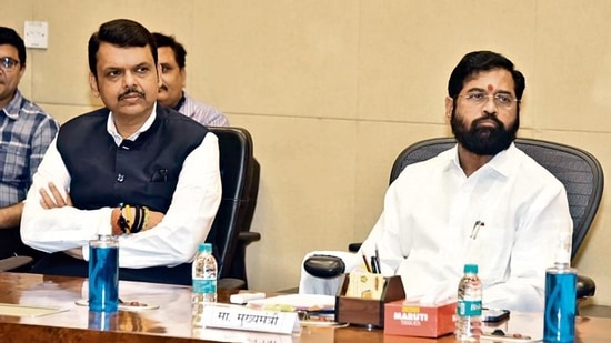 Maharashtra CM Eknath Shinde with state deputy CM Devendra Fadnavis chaired a meeting of the State disaster management department, at Mantralaya in Mumbai on Friday. (ANI Photo/Eknath Shinde Twitter)