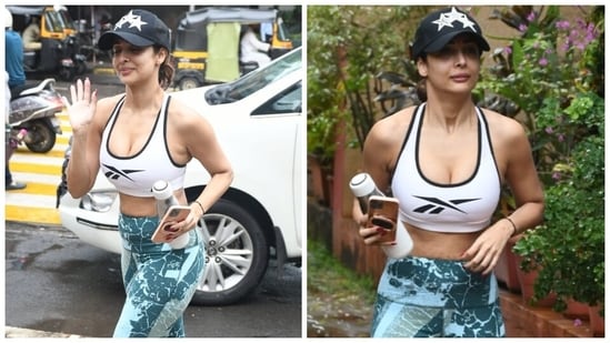 Malaika Arora's gym look in sports bra and printed tights serves workout fashion goals: Internet says, 'She is back'(HT Photo/Varinder Chawla)