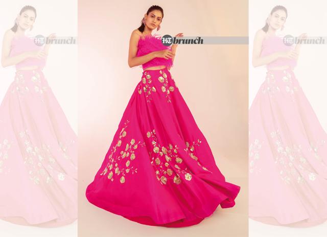 A hot pink textile done in an ombre style can bring out the tonality and richness of the colour; Top by Zabella; Lehenga skirt by Risa by Renesa Rastogi; Earrings by Amama (Vidushi Gupta)