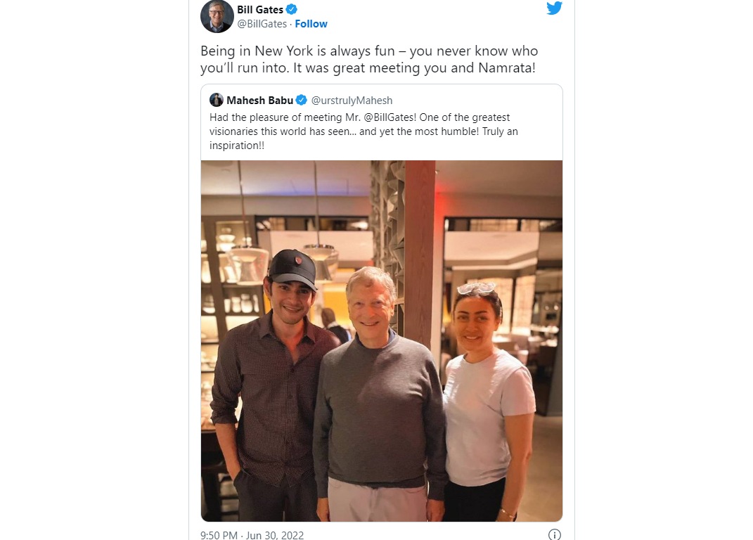 Mahesh Babu and Namrata Shirodkar pose for a photo with billionaire Bill Gates. Mahesh Babu and Namrata Shirodkar pose for a photo with billionaire Bill Gates. 