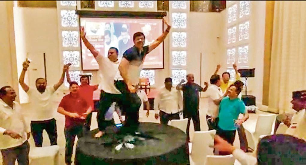 Rebel Shiv MLAs celebrate after announcement of Eknath Shinde's name as the next chief minister of Maharashtra in Goa. (PTI Photo) Rebel Shiv MLAs celebrate after announcement of Eknath Shinde's name as the next chief minister of Maharashtra in Goa. (PTI Photo)