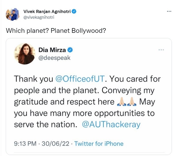 Vivek Agnihotri reacted to Dia Mirza's tweet.&nbsp;