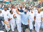 Rahul Gandhi attended a rally in Sultan Bathery in Kerala protesting against the recent directive of the Supreme Court to earmark one-km buffer zone around forest areas and wildlife sanctuaries. (HT Photo)(HT_PRINT)