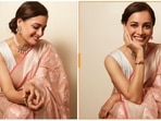 Dia Mirza has often expressed her love for traditional attires, especially the handwoven ones through her Instagram post. Once again appreciating their talent and work, the Rehnaa Hai Terre Dil Mein actor shared some gorgeous photos of herself in a pastel pink Banarasi saree inspired by 'flaura and fauna.'(Instagram/@diamirzaofficial)