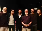 R Madhavan, Ayan Mukerji, Shah Rukh Khan, Nambi Narayanan, Ranbir Kapoor, and Karan Johar on Rocketry: The Nambi Effect sets.