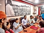 Shiv Sena workers (Shivsainiks) discuss the current political scenario inside a Shiv Sena Shakha (branch office), at Dadar, in Mumbai, India, on Saturday, July 02, 2022. (Photo by Pratik Chorge/Hindustan Times) Shiv Sena workers (Shivsainiks) discuss the current political scenario inside a Shiv Sena Shakha (branch office), at Dadar, in Mumbai, India, on Saturday, July 02, 2022. (Photo by Pratik Chorge/Hindustan Times)