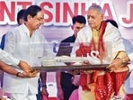 Opposition's presidential candidate Yashwant Sinha receives a memento from chief minister of Telangana K Chandrashekar Rao during a function organised for his felicitation, in Hyderabad, Saturday, July 2, 2022. (PTI Photo) Opposition's presidential candidate Yashwant Sinha receives a memento from chief minister of Telangana K Chandrashekar Rao during a function organised for his felicitation, in Hyderabad, Saturday, July 2, 2022. (PTI Photo)