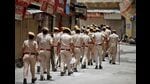 Police personnel patrol an area in Udaipur, on Saturday. (REUTERS) Police personnel patrol an area in Udaipur, on Saturday. (REUTERS)