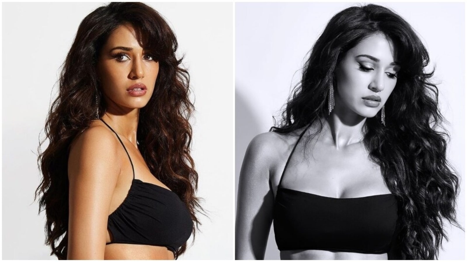 Disha Patani stirs up a storm in a chic black bralette and bodycon skirt.  Check out new pics inside