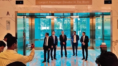 Inside India’s largest passenger elevator, at the Jio World Centre in Mumbai. (HT Photo) Inside India’s largest passenger elevator, at the Jio World Centre in Mumbai. (HT Photo)