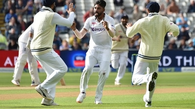 India's Mohammad Siraj celebrates the dismissal of England's Joe Root during the second day of the fifth Test (AP)