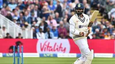 India's Ravindra Jadeja bowled by England's James Anderson during the second day of the fifth Test (AP)