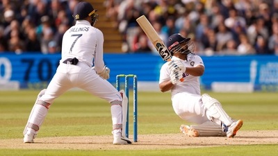 Rishabh Pant hits four runs off the bowling of England's Jack Leach (Reuters)