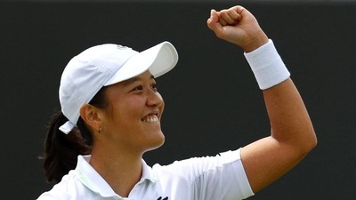 France's Harmony Tan celebrates winning her third round match against Britain's Katie Boulter (REUTERS)