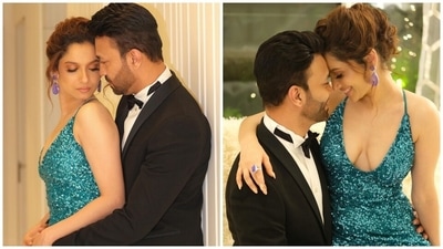 Actor Ankita Lokhande and her husband Vicky Jain attended the International Iconic Awards 2022 on Thursday. The couple dressed up in glamorous ensembles to make an appearance at the event, where they won the Best Jodi Award. While Ankita wore a green strappy deep neck gown, Vicky showed up in a black and white tuxedo. Several pictures and videos of the couple made it to social media. Ankita also posted loved-up photos of her and Vicky from a sizzling photoshoot and delighted her followers. (Instagram) Actor Ankita Lokhande and her husband Vicky Jain attended the International Iconic Awards 2022 on Thursday. The couple dressed up in glamorous ensembles to make an appearance at the event, where they won the Best Jodi Award. While Ankita wore a green strappy deep neck gown, Vicky showed up in a black and white tuxedo. Several pictures and videos of the couple made it to social media. Ankita also posted loved-up photos of her and Vicky from a sizzling photoshoot and delighted her followers. (Instagram)