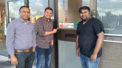 (L-R) Pumpkin Kart director Vijay Thomas, founder and CEO Philip Correya and Arun Rajkumar, operations manager of Desi Mane, a restaurant in Toronto. (L-R) Pumpkin Kart director Vijay Thomas, founder and CEO Philip Correya and Arun Rajkumar, operations manager of Desi Mane, a restaurant in Toronto.